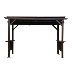 6.5x12FT Hardtop Grill Gazebo, Outdoor BBQ Gazebo with 2 Side Shelves and Sloping Galvanized Steel Roof, Metal Permanent Grill Canopy with Ceiling Hooks for Patio, Lawn, Backyard, Deck, Brown
