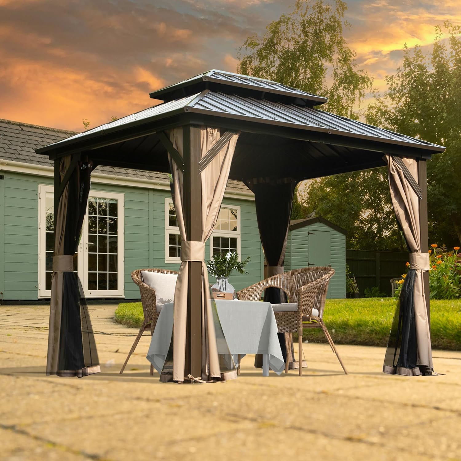 8' x 10' Hardtop Gazebo Permanent Metal Gazebo with Galvanized Steel Double Roof, Curtains and Netting for Party, Wedding, Outdoor Dining, Patio, Backyard, Brown