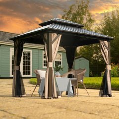 8' x 10' Hardtop Gazebo Permanent Metal Gazebo with Galvanized Steel Double Roof, Curtains and Netting for Party, Wedding, Outdoor Dining, Patio, Backyard, Brown