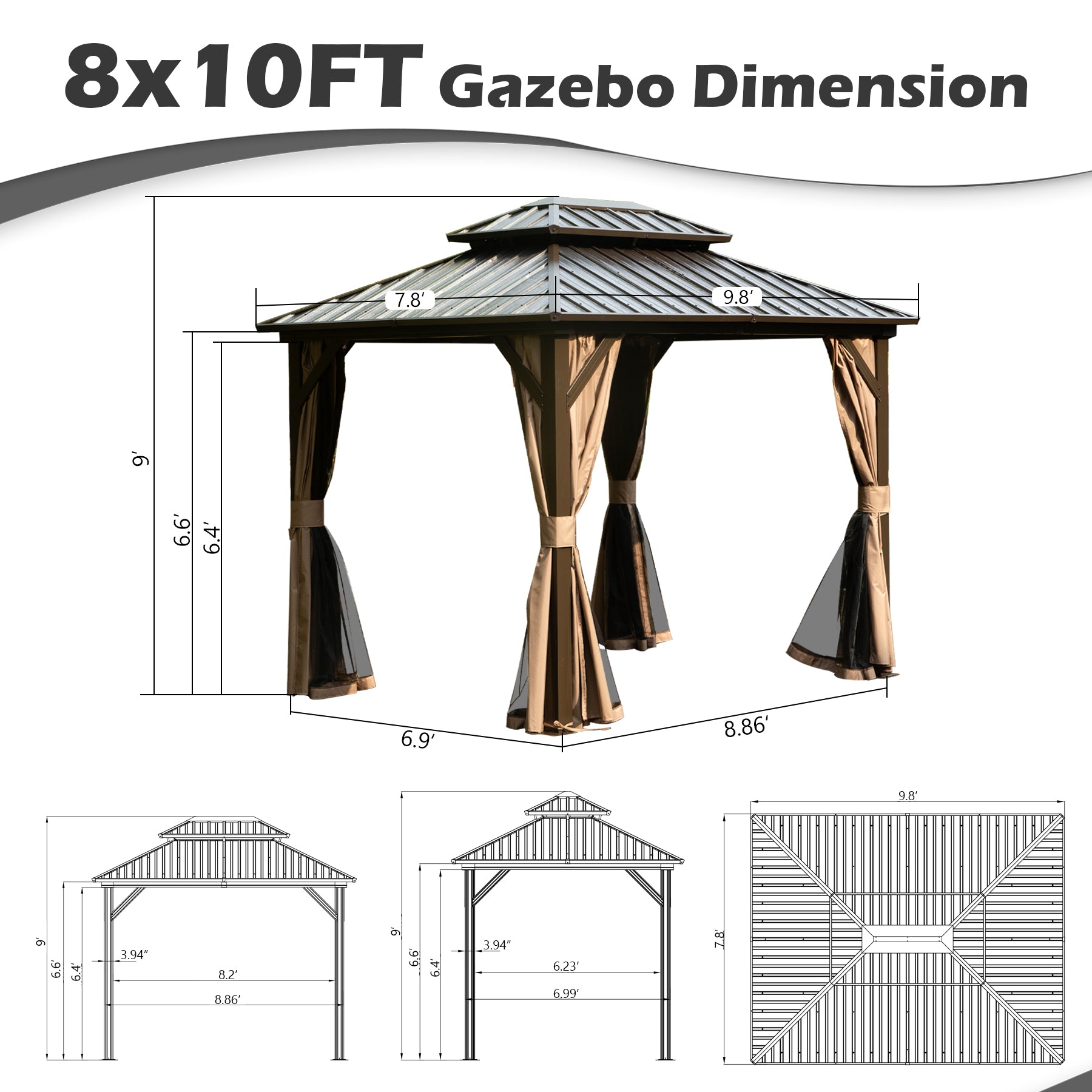 8' x 10' Hardtop Gazebo Permanent Metal Gazebo with Galvanized Steel Double Roof, Curtains and Netting for Party, Wedding, Outdoor Dining, Patio, Backyard, Brown