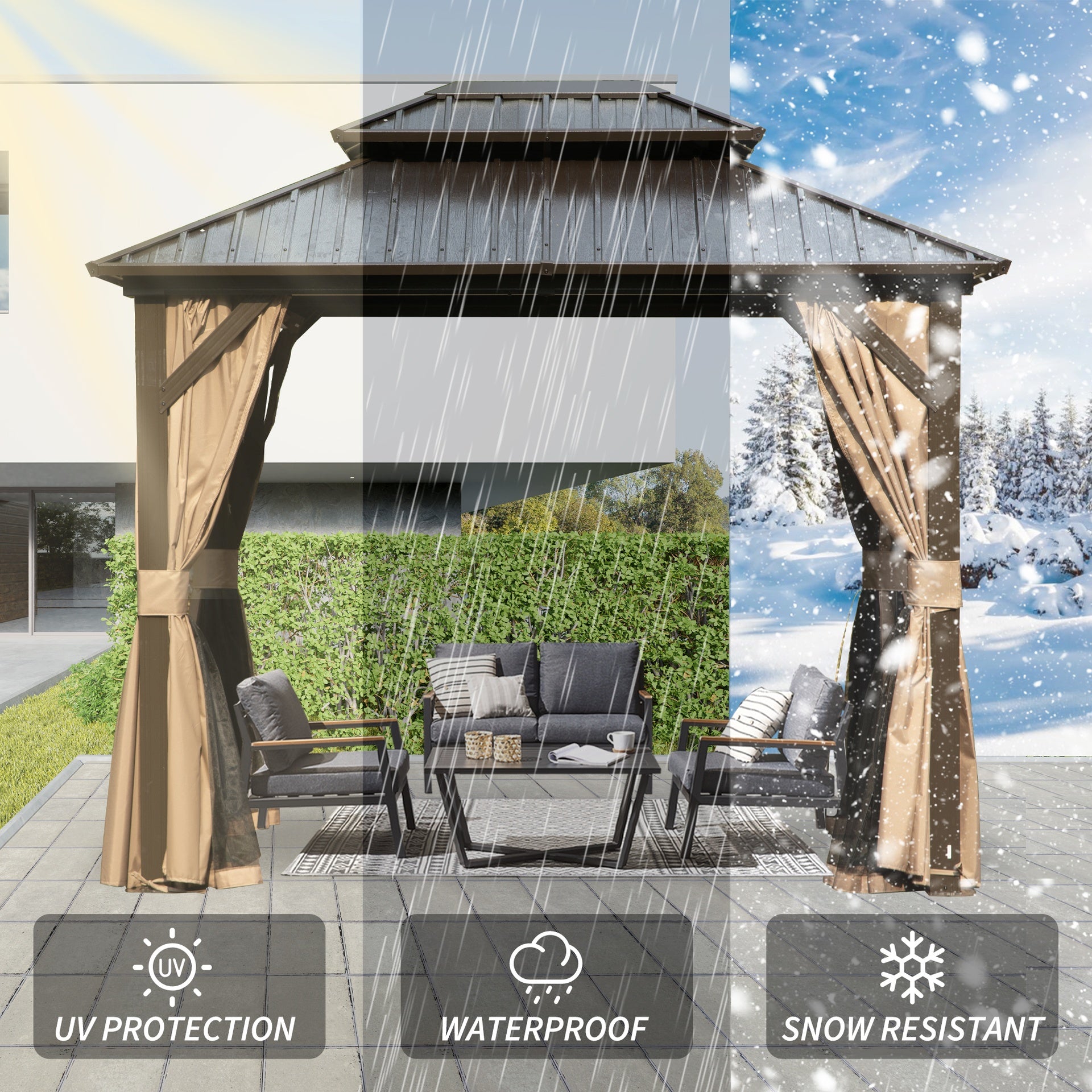 8' x 10' Hardtop Gazebo Permanent Metal Gazebo with Galvanized Steel Double Roof, Curtains and Netting for Party, Wedding, Outdoor Dining, Patio, Backyard, Brown