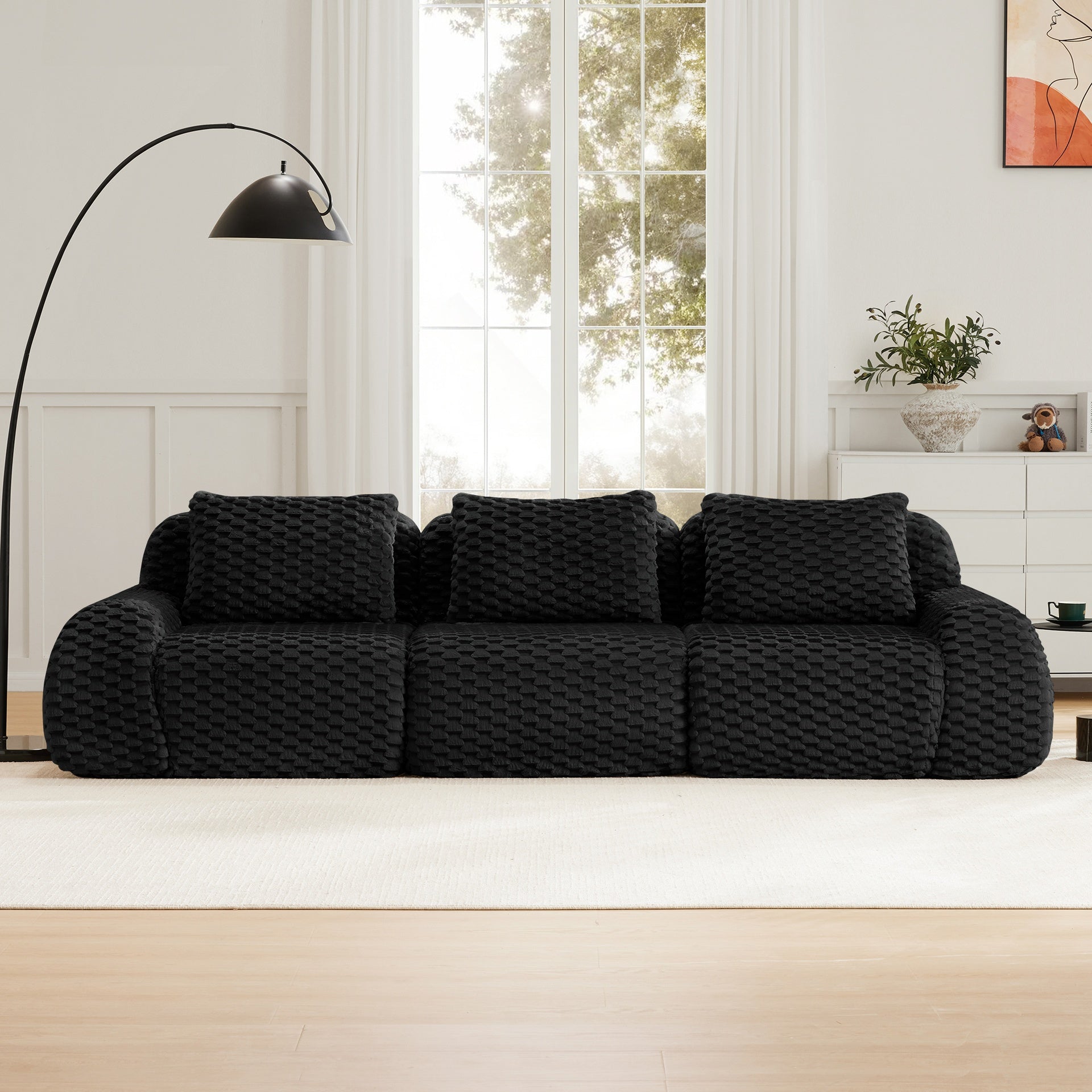 114" Modern Modular Sectional Sofa for Living Room,Flannelette Fabric,Oversized 3-Seater Couch,,Deep Seat,Deep Seat,Boneless sofa,Buckle connection,Anti-slip Design,No Assembly,Black