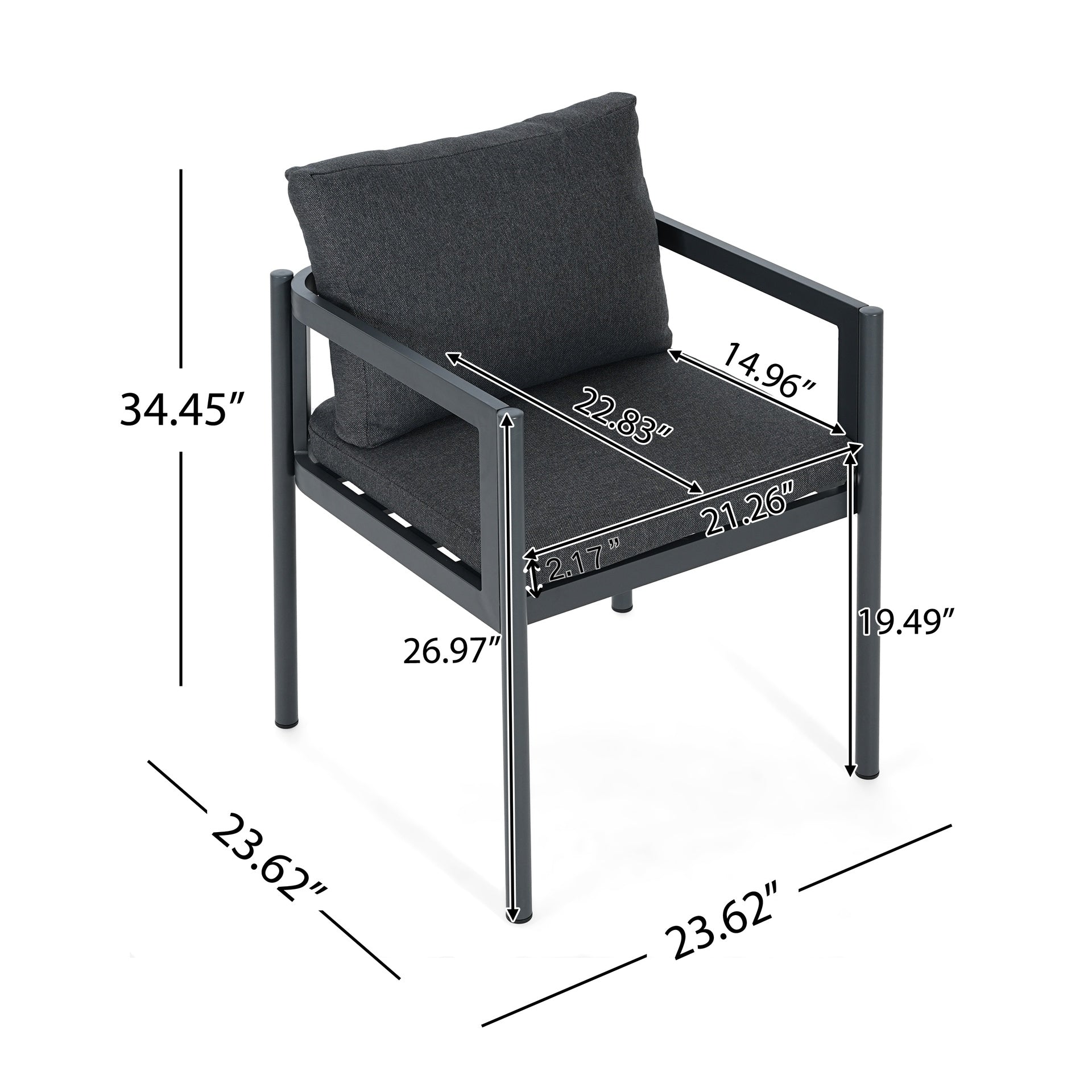 Outdoor Dining Chair Set of 2, All-Weather Grey Aluminum Frame Patio Chairs with Grey Fabric Cushions, 300lbs