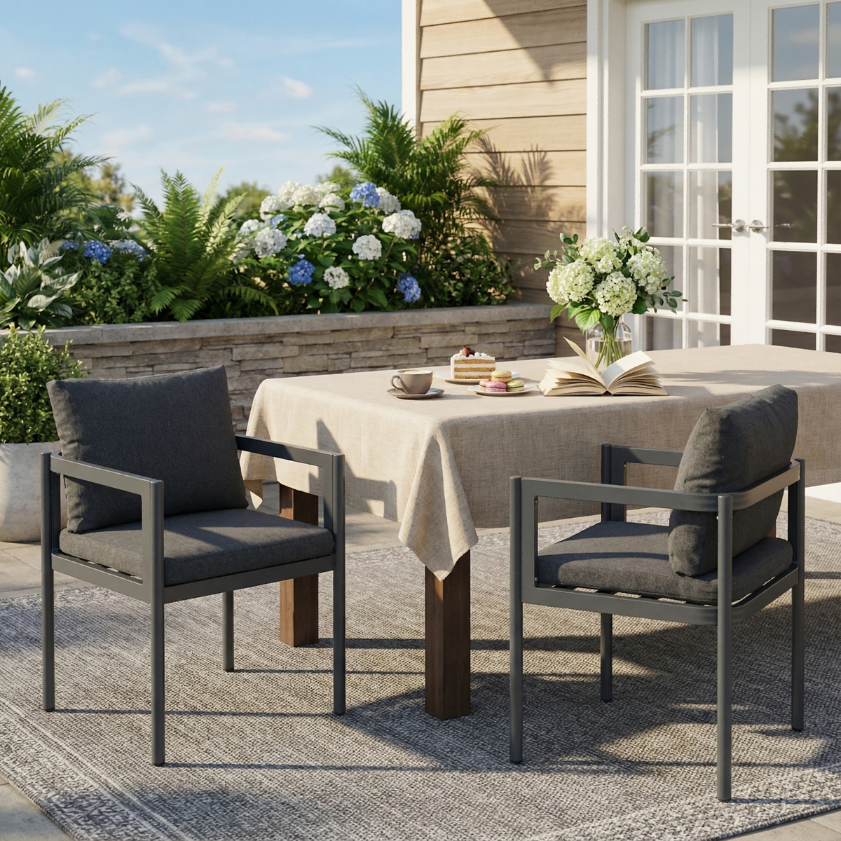 Outdoor Dining Chair Set of 2, All-Weather Grey Aluminum Frame Patio Chairs with Grey Fabric Cushions, 300lbs