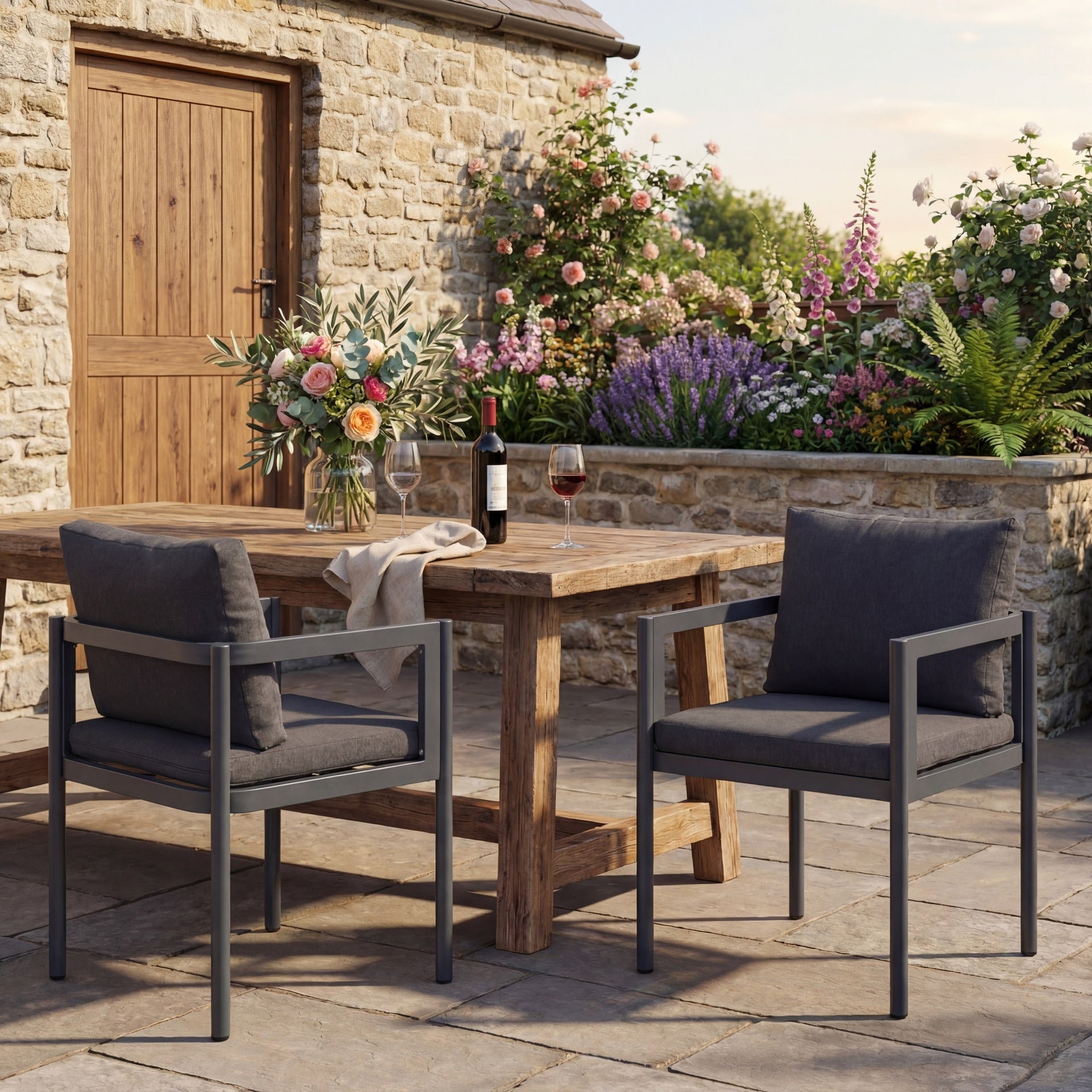 Outdoor Dining Chair Set of 2, All-Weather Grey Aluminum Frame Patio Chairs with Grey Fabric Cushions, 300lbs