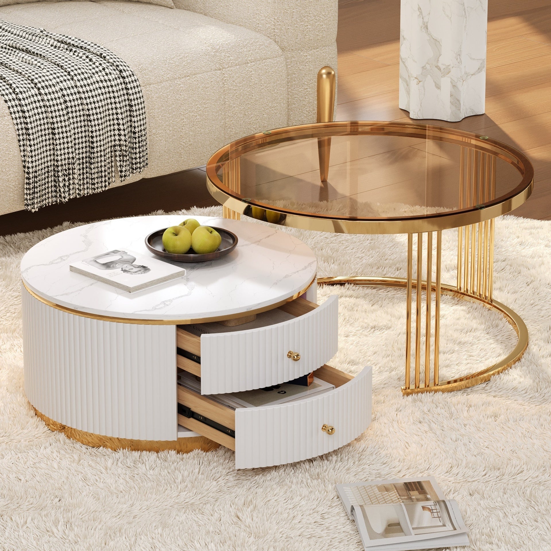 Modern 2 Pieces Round Nesting Coffee Table with Drawers and Brown Tempered Glass Top in 27.6''