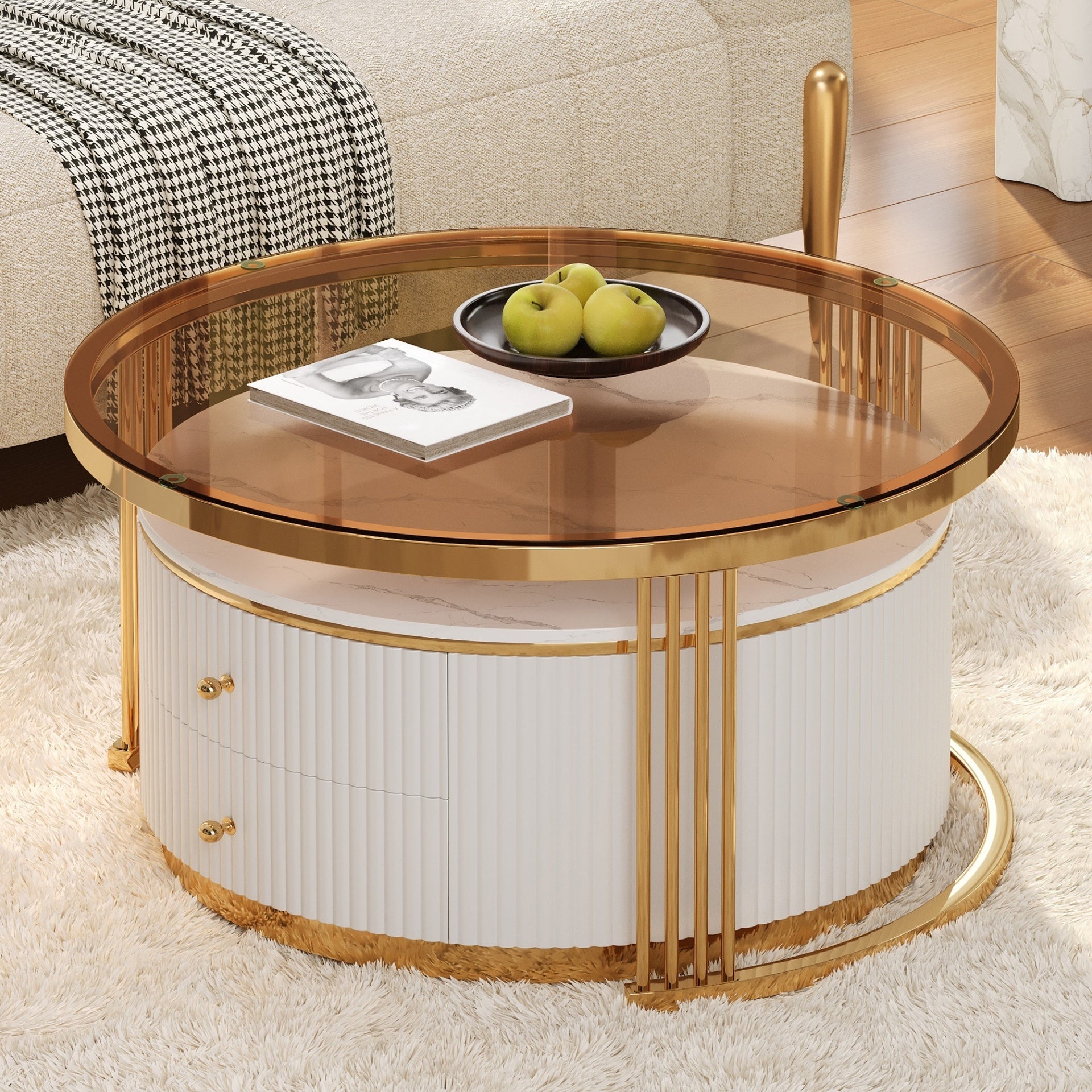 Modern 2 Pieces Round Nesting Coffee Table with Drawers and Brown Tempered Glass Top in 27.6''