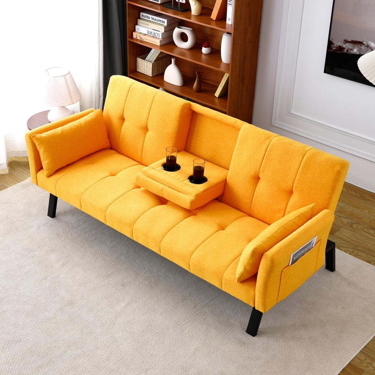 70-inch multi-functional cotton and linen sofa bed: foldable + cup holder + side storage, instantly switch between living room and bedroom