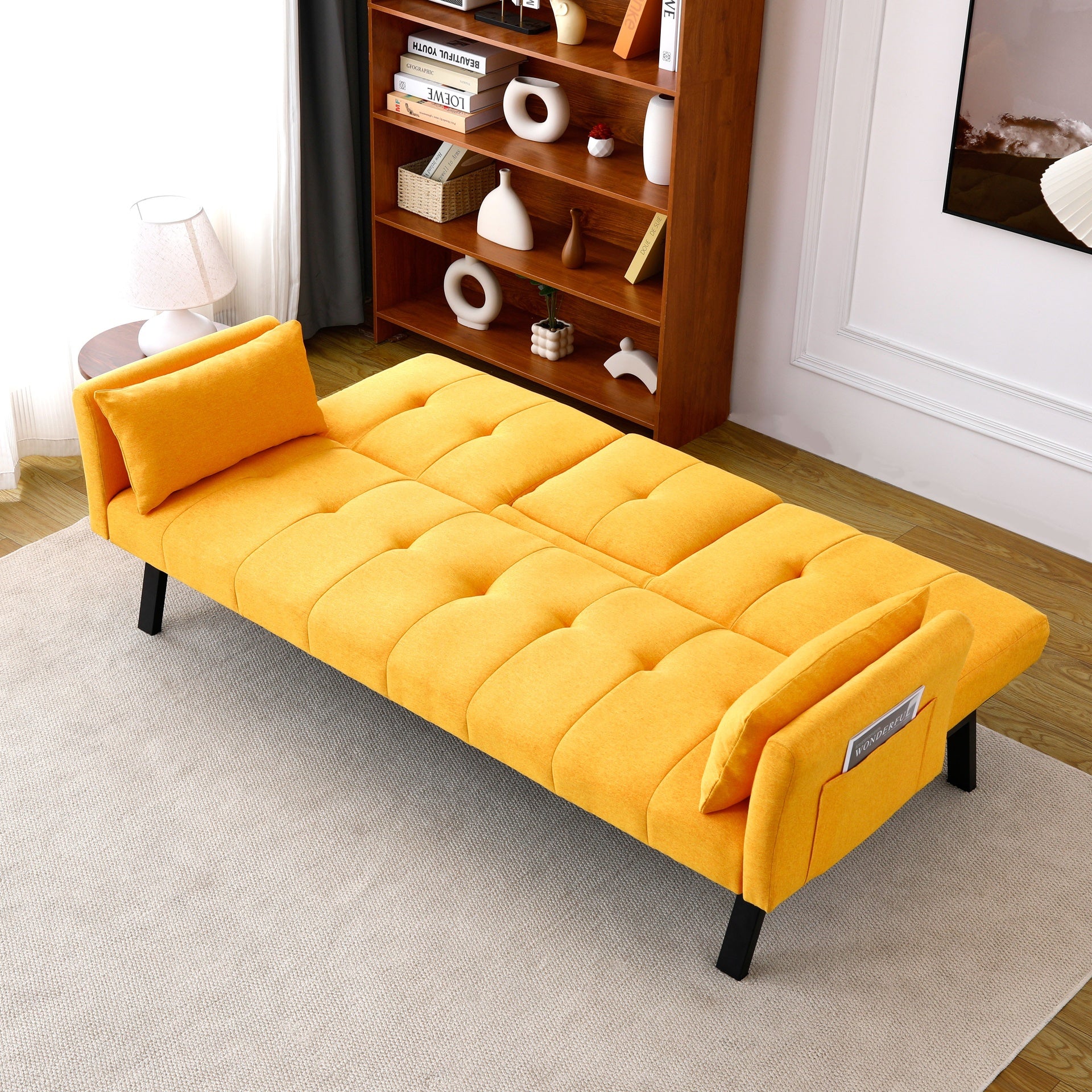 70-inch multi-functional cotton and linen sofa bed: foldable + cup holder + side storage, instantly switch between living room and bedroom
