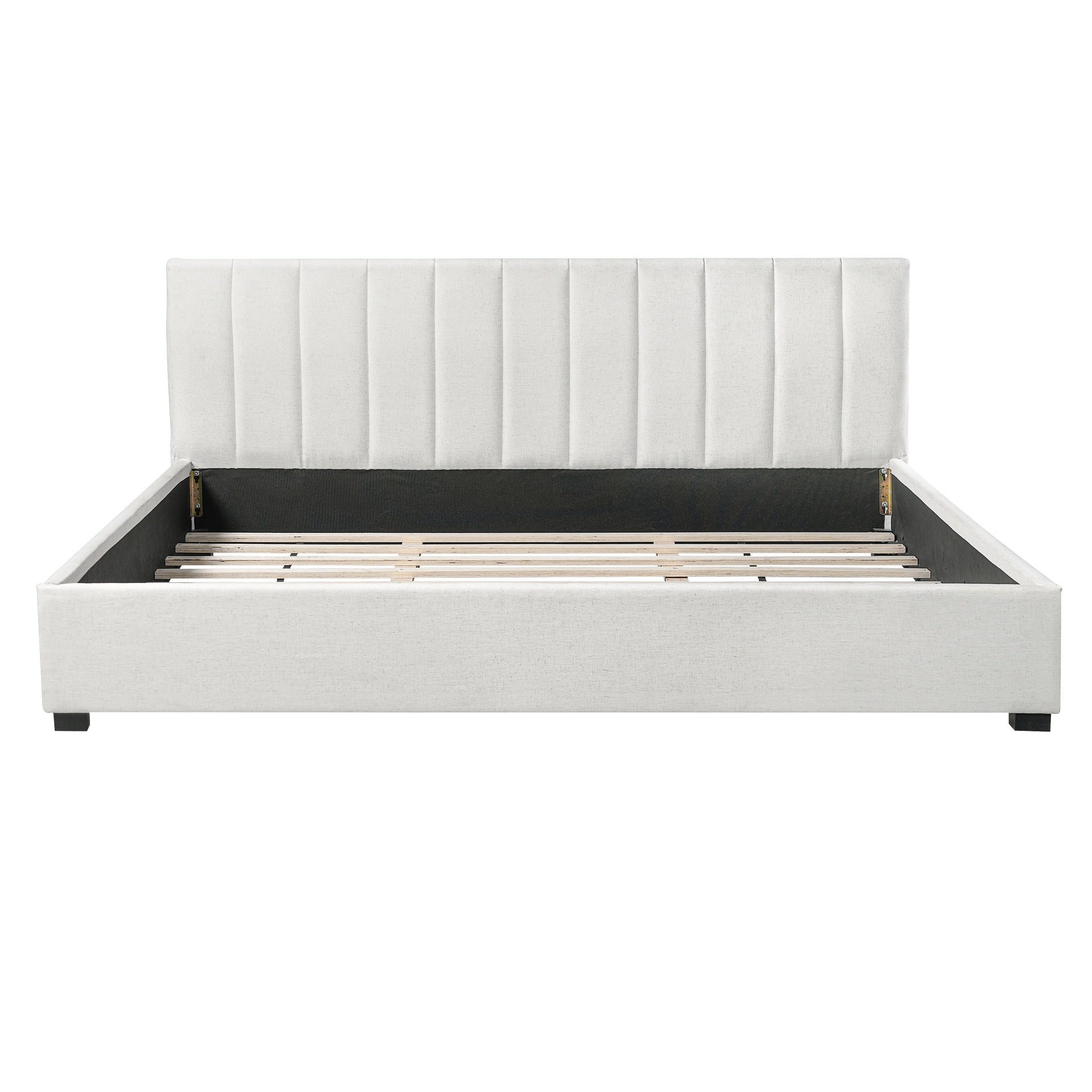 King Size Upholstered Bed Frame With Linen Fabric, Thick Headboard And Solid Wood Legs, Beige