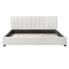 King Size Upholstered Bed Frame With Linen Fabric, Thick Headboard And Solid Wood Legs, Beige