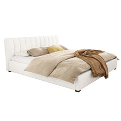 King Size Upholstered Bed Frame With Linen Fabric, Thick Headboard And Solid Wood Legs, Beige