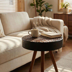 15.7-inch Round Coffee Table with Carved Top, Ideal Small Drink Table for Small Spaces, Modern Accent Nightstand, Suitable for Living Room, Bedroom, Corner and Office (Black+Brown)