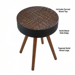 15.7-inch Round Coffee Table with Carved Top, Ideal Small Drink Table for Small Spaces, Modern Accent Nightstand, Suitable for Living Room, Bedroom, Corner and Office (Black+Brown)