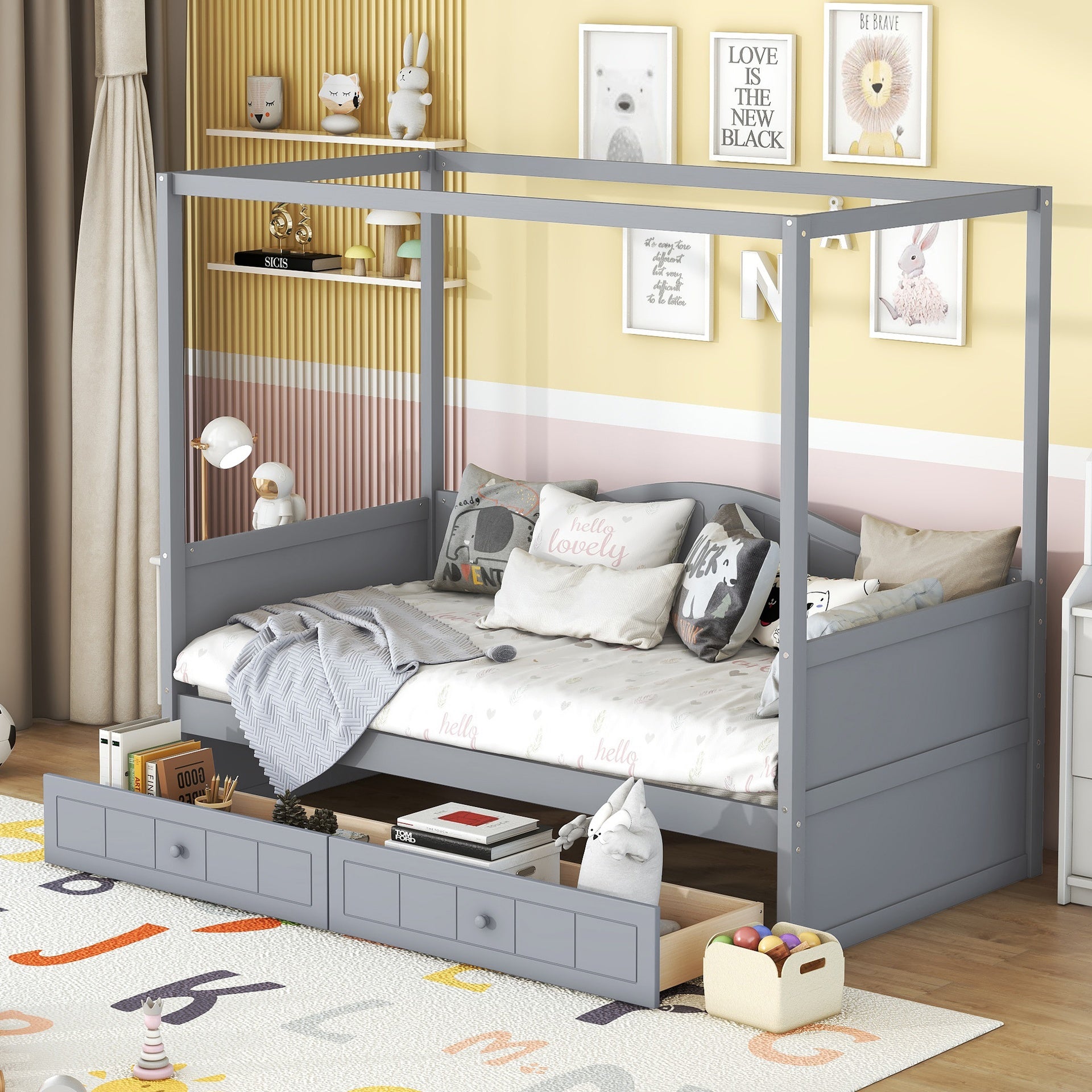 Twin Size Canopy Day Bed with 2 Drawers, Gray