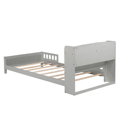 Twin Pine Wood Bed with  Bookcase Headboard ,LED Motion Sensor Light,  Guardrails,Grey