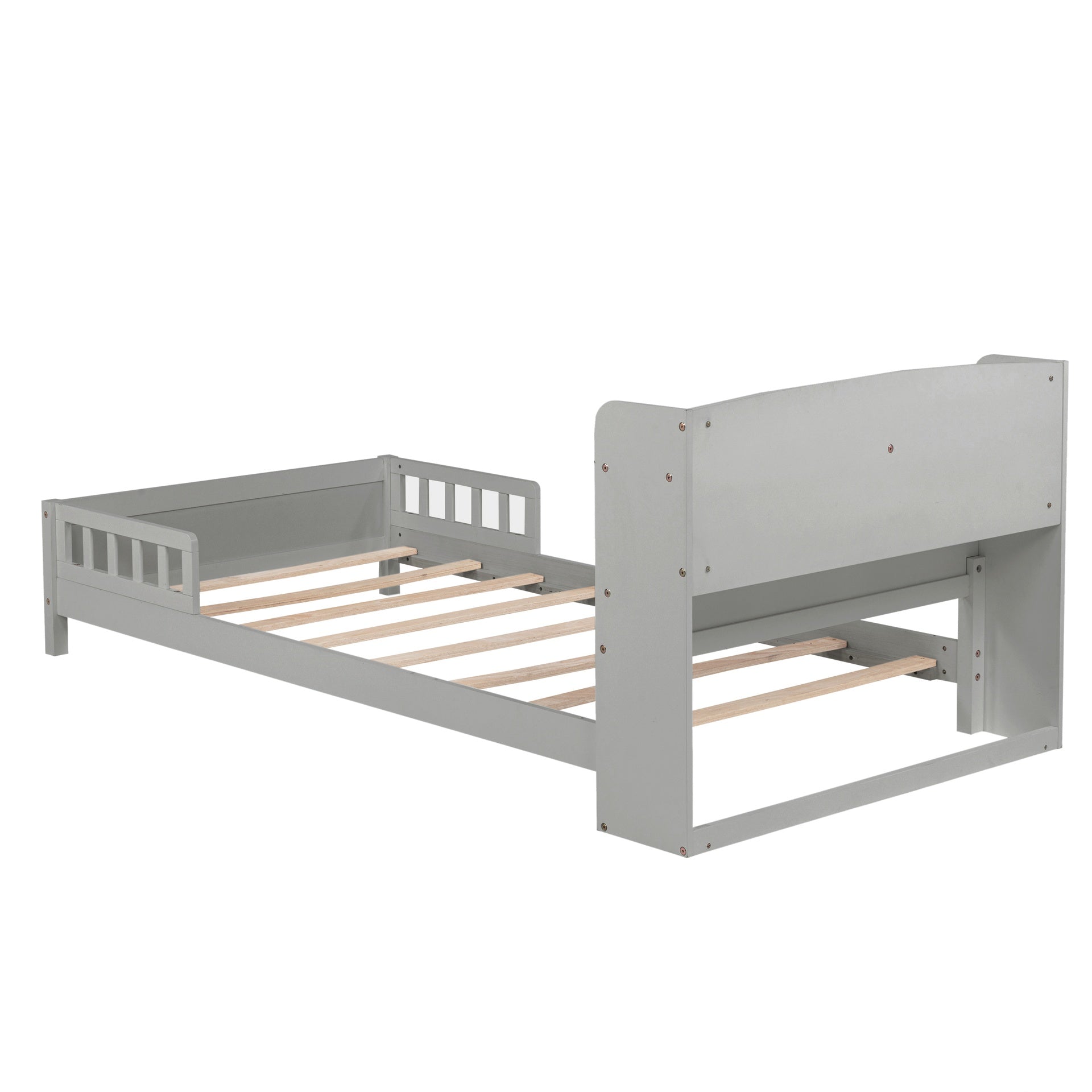 Twin Pine Wood Bed with  Bookcase Headboard ,LED Motion Sensor Light,  Guardrails,Grey