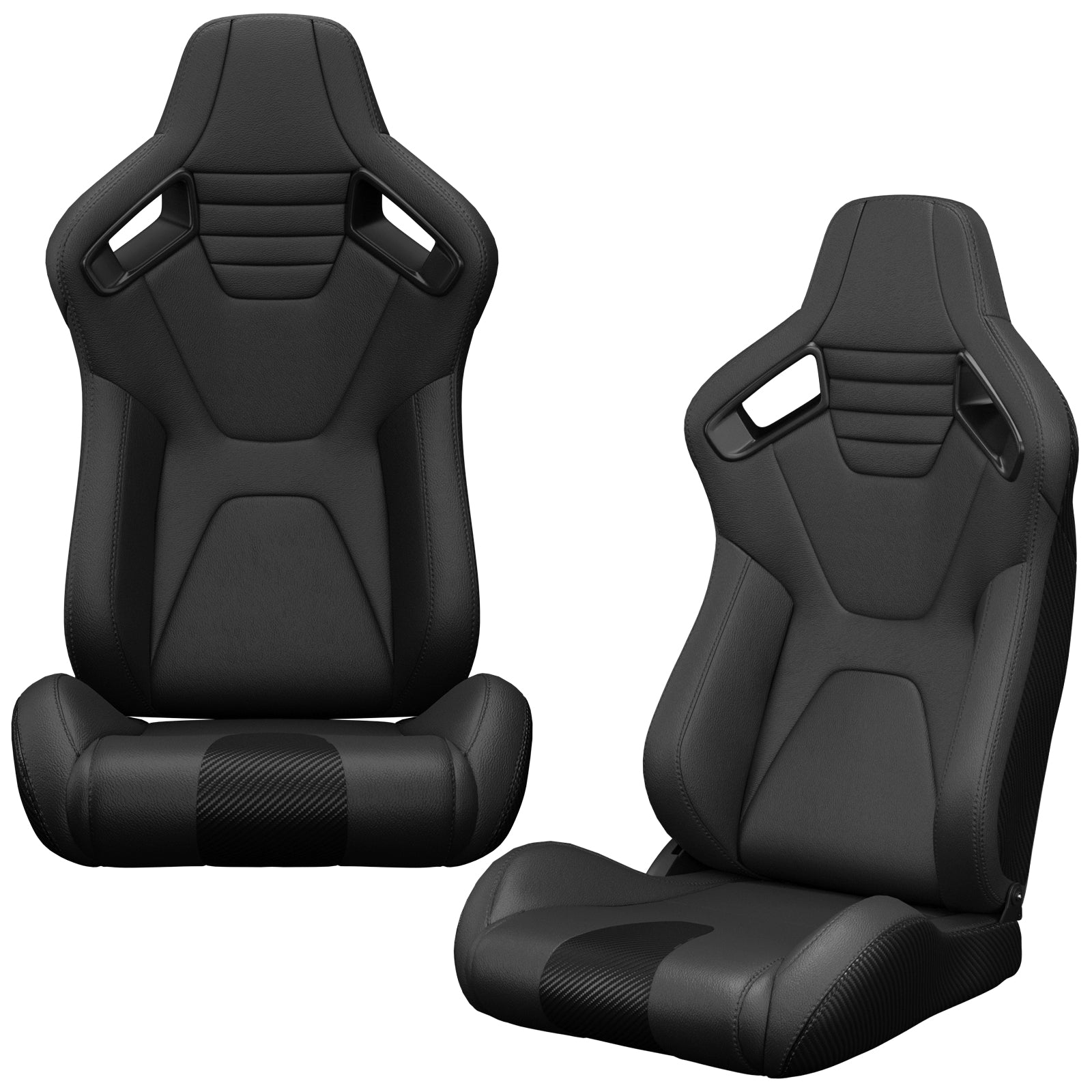 2PC New Universal Bucket Racing Seats Black Stitch Black PVC Leather Reclinable Carbon Look Leather Back With Adjustor Slider(Not Including Seat Bracket ) 1 box of 2 pieces