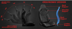 2PC New Universal Bucket Racing Seats Black Stitch Black PVC Leather Reclinable Carbon Look Leather Back With Adjustor Slider(Not Including Seat Bracket ) 1 box of 2 pieces