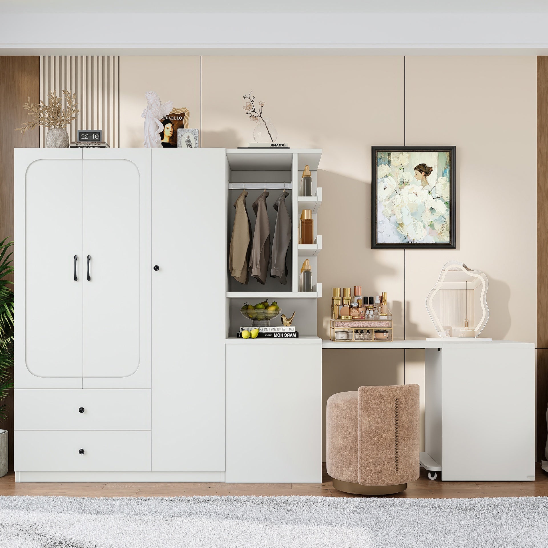 Multifunctional Wardrobe with 2 Doors and Hanging Rod, Wooden clothes closet with Convertible Desk and Storage Drawers, Multi-storage Spaces, for Bedroom, Cloak Room, Laundry, White