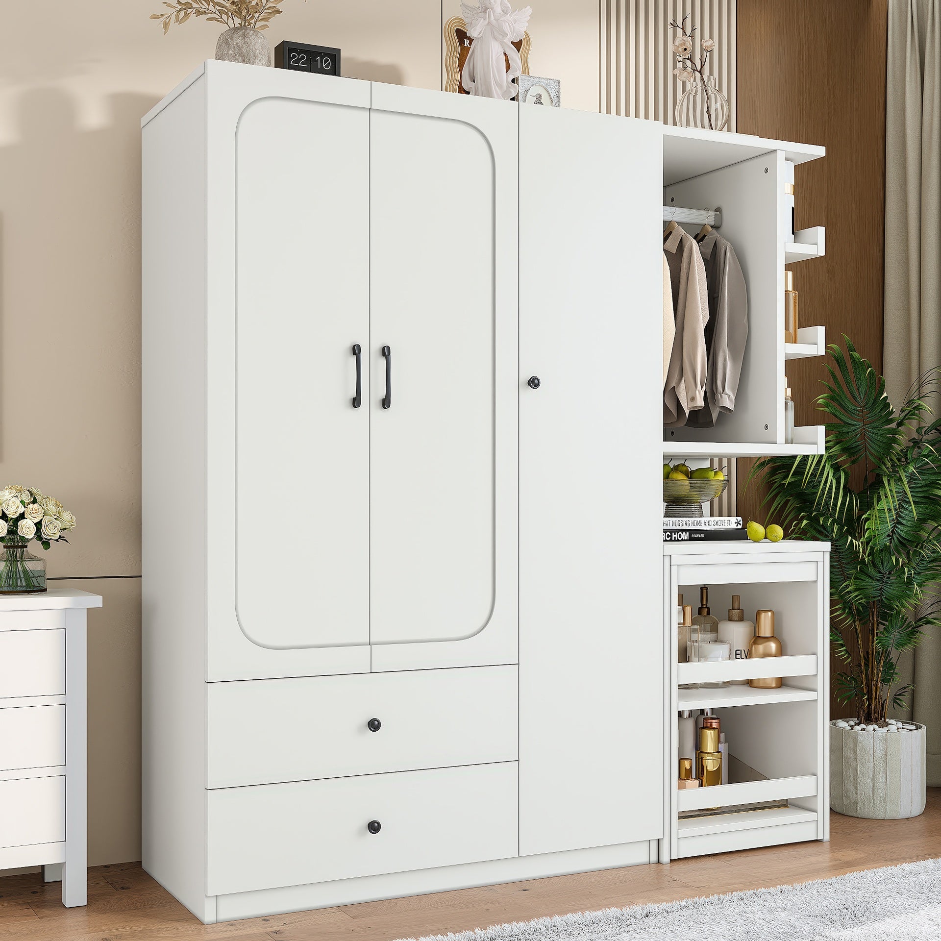 Multifunctional Wardrobe with 2 Doors and Hanging Rod, Wooden clothes closet with Convertible Desk and Storage Drawers, Multi-storage Spaces, for Bedroom, Cloak Room, Laundry, White