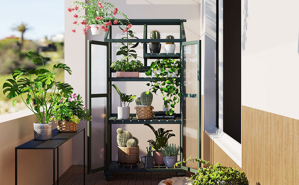 TOPMAX 62inch Height Wood Large Greenhouse Balcony Portable Cold Frame with Wheels and Adjustable Shelves for Outdoor Indoor Use, Forest Green