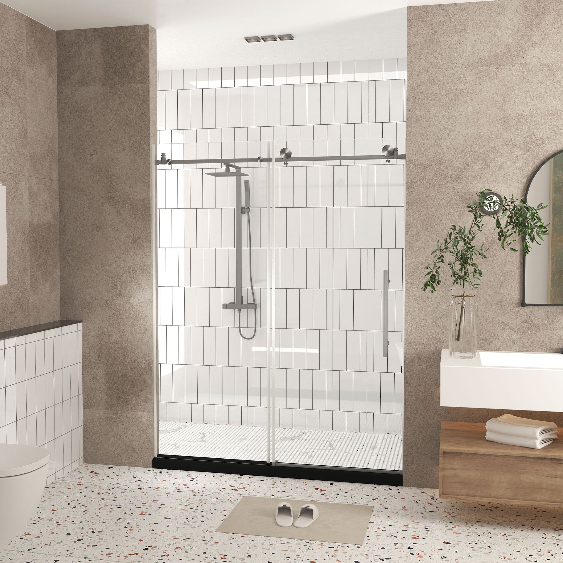 Frameless shower door 44-48 "W x 76" H, 1/4 "(6 mm) Clear Tempered Glass, Explosion Proof Film, Stainless Steel Handle,Brushed Nickel