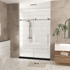 Frameless shower door 44-48 "W x 76" H, 1/4 "(6 mm) Clear Tempered Glass, Explosion Proof Film, Stainless Steel Handle,Brushed Nickel