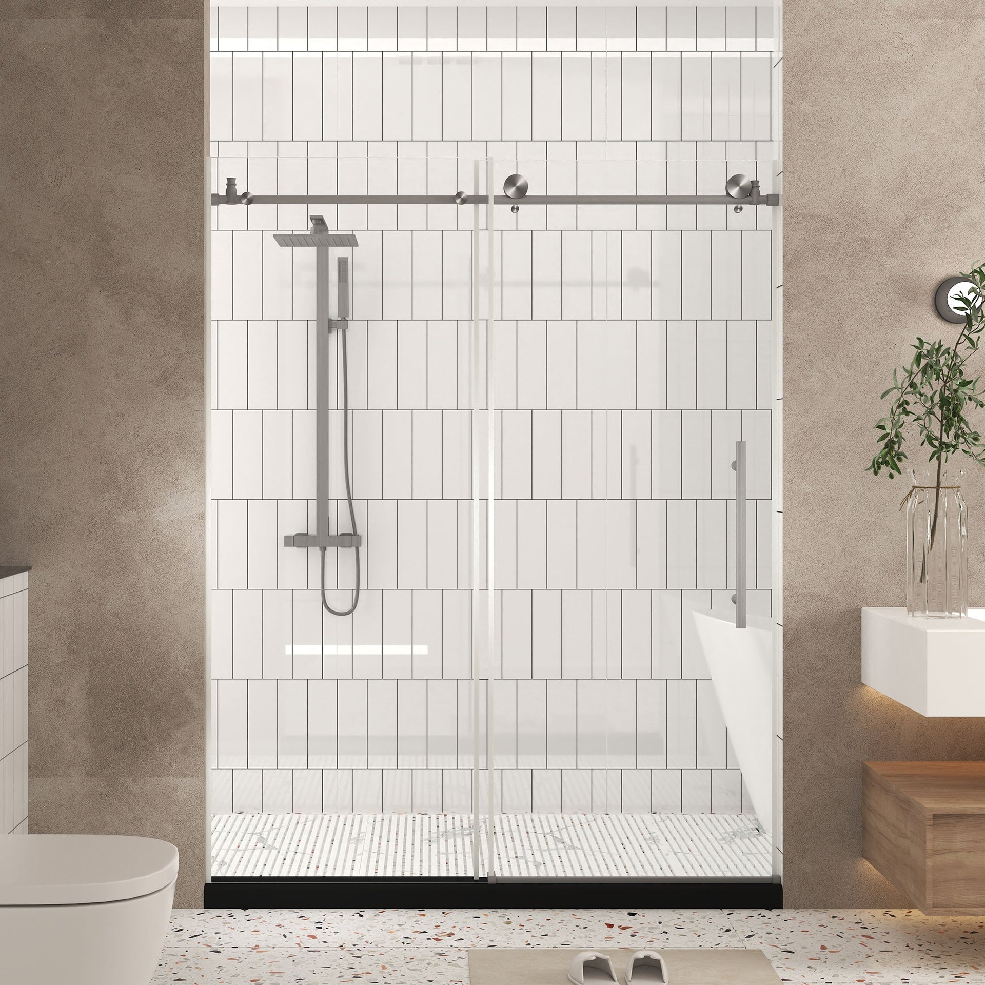 Frameless shower door 44-48 "W x 76" H, 1/4 "(6 mm) Clear Tempered Glass, Explosion Proof Film, Stainless Steel Handle,Brushed Nickel