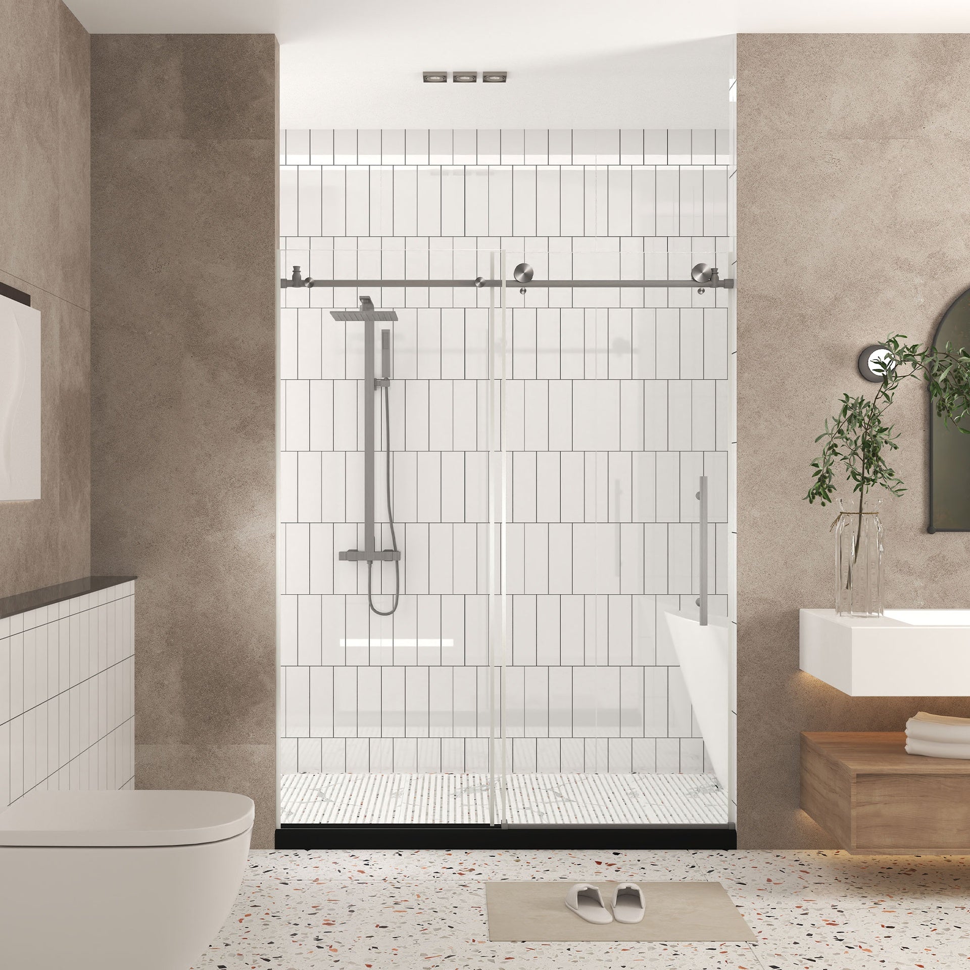 Frameless shower door 44-48 "W x 76" H, 1/4 "(6 mm) Clear Tempered Glass, Explosion Proof Film, Stainless Steel Handle,Brushed Nickel