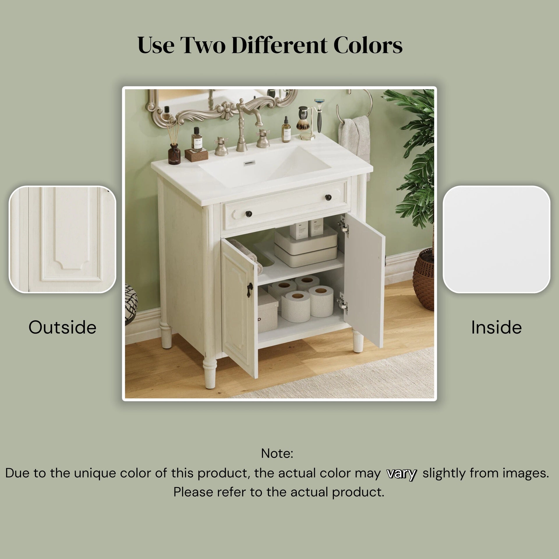 30 Inches Vintage Bathroom Vanity with Sink, Faux Aged Finish, Rustic Bathroom Cabinet with Soft Close Doors and Adjustable Shelf, Curved Profile Design, Rubber Wood Legs, White