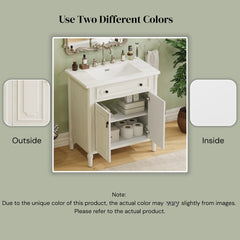 30 Inches Vintage Bathroom Vanity with Sink, Faux Aged Finish, Rustic Bathroom Cabinet with Soft Close Doors and Adjustable Shelf, Curved Profile Design, Rubber Wood Legs, White