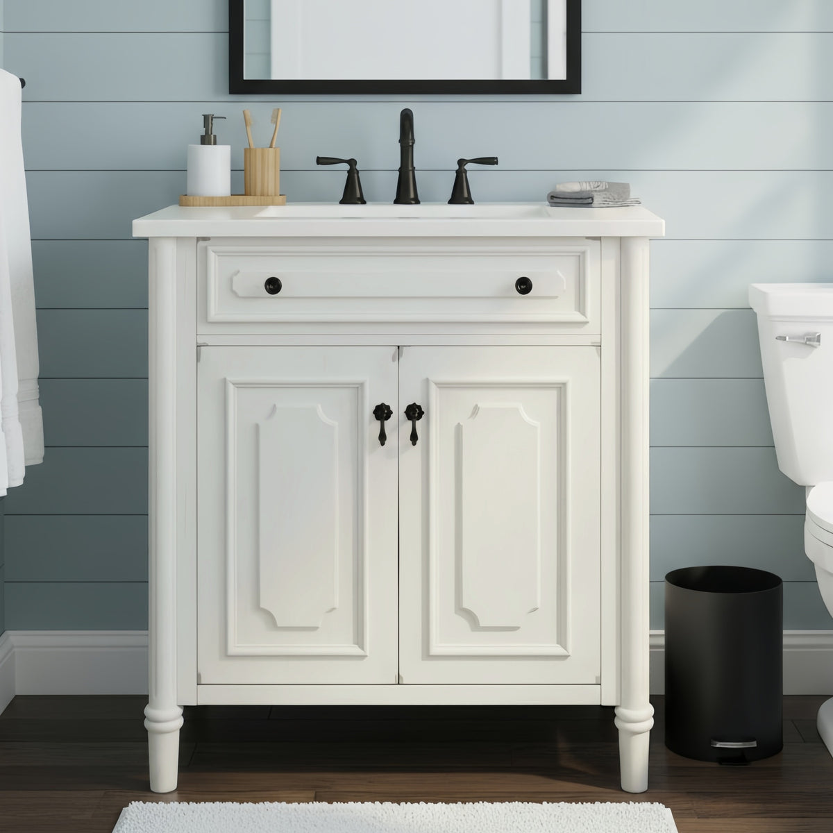30 Inches Vintage Bathroom Vanity with Sink, Faux Aged Finish, Rustic Bathroom Cabinet with Soft Close Doors and Adjustable Shelf, Curved Profile Design, Rubber Wood Legs, White