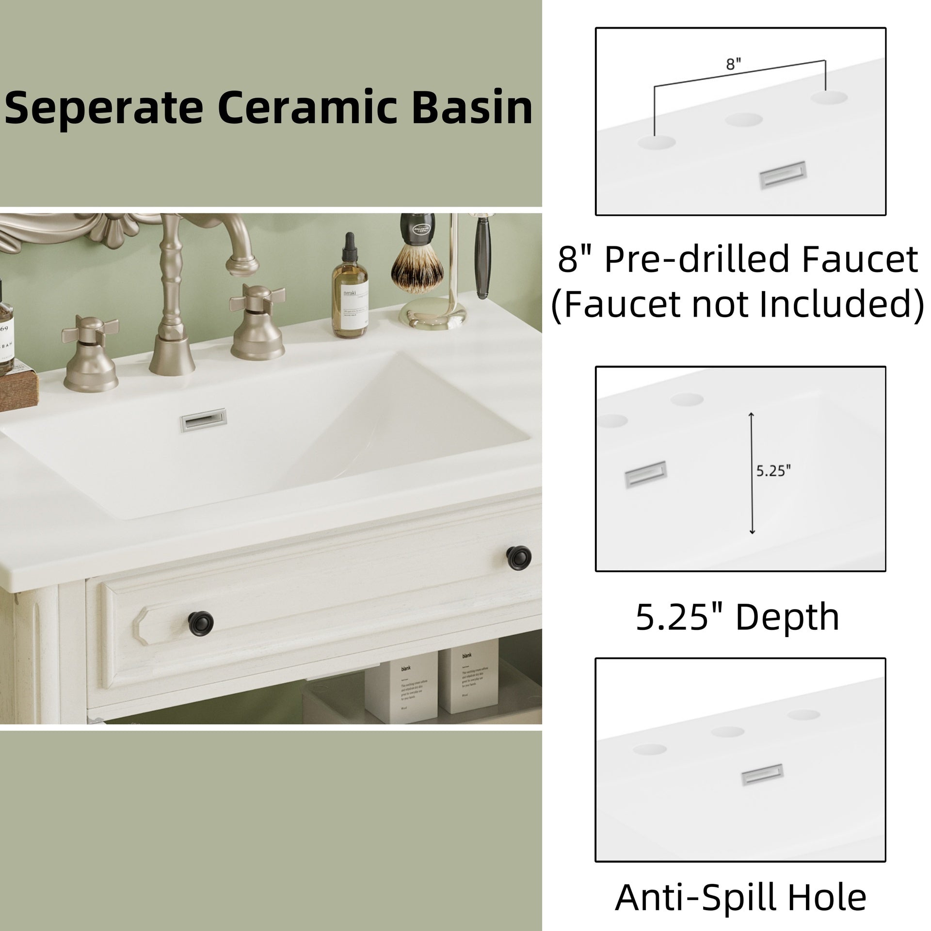 30 Inches Vintage Bathroom Vanity with Sink, Faux Aged Finish, Rustic Bathroom Cabinet with Soft Close Doors and Adjustable Shelf, Curved Profile Design, Rubber Wood Legs, White