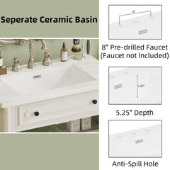 30 Inches Vintage Bathroom Vanity with Sink, Faux Aged Finish, Rustic Bathroom Cabinet with Soft Close Doors and Adjustable Shelf, Curved Profile Design, Rubber Wood Legs, White