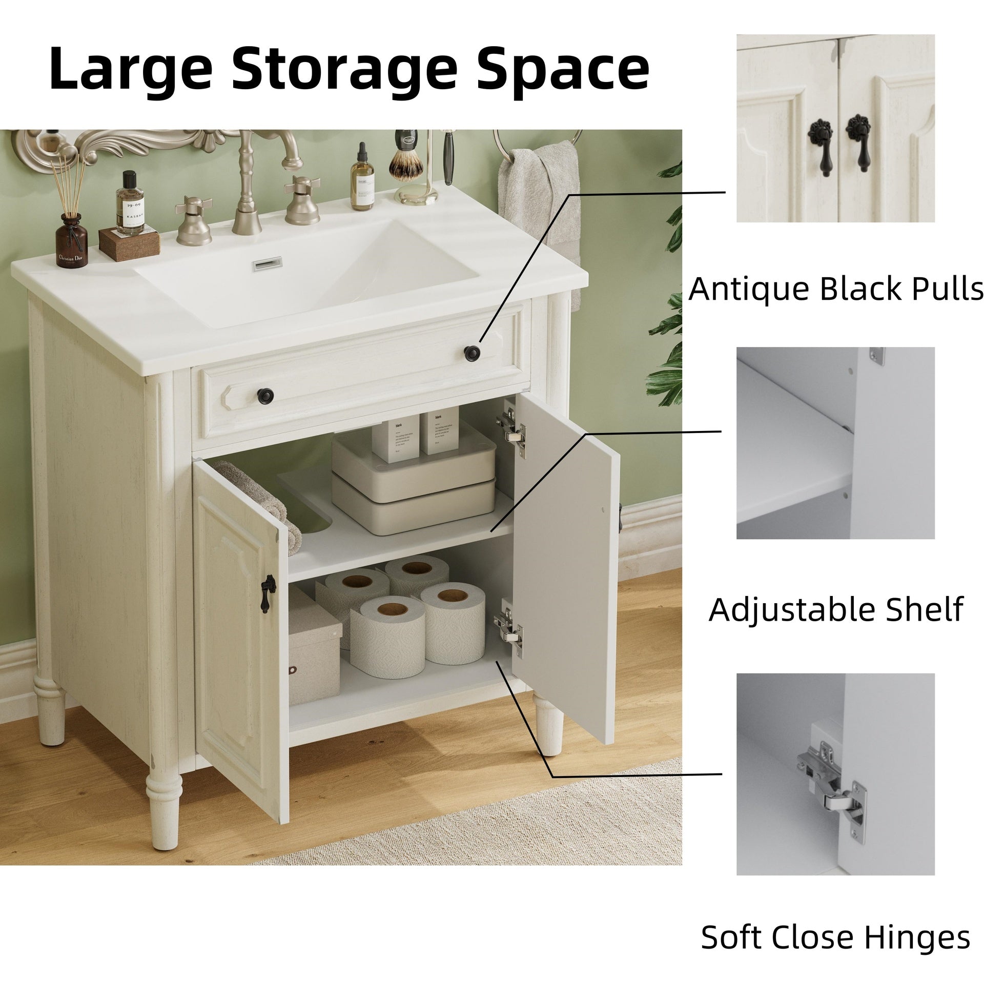 30 Inches Vintage Bathroom Vanity with Sink, Faux Aged Finish, Rustic Bathroom Cabinet with Soft Close Doors and Adjustable Shelf, Curved Profile Design, Rubber Wood Legs, White