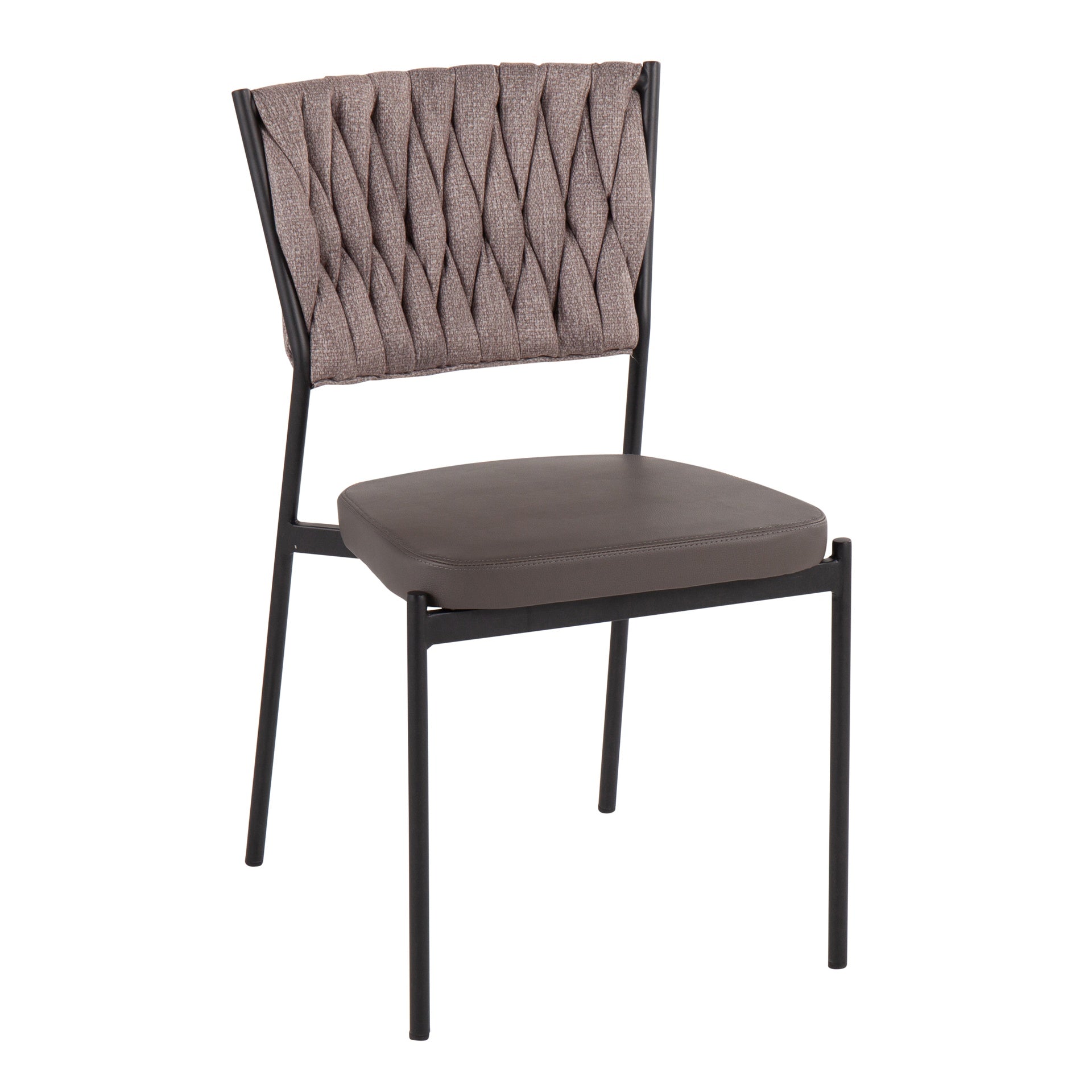 Braided Tania Contemporary Chair in Black Metal, Grey Faux Leather, and Light Brown Fabric by LumiSource - Set of 2