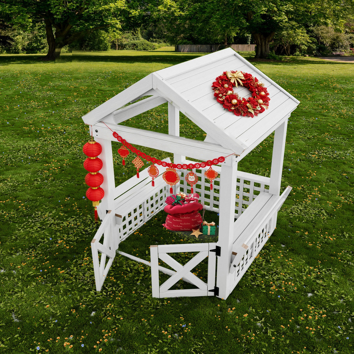 Modern Outdoor Wooden Playhouse for Children Waterproof Design with Comfortable Bench and Attractive Door for Christmas Day