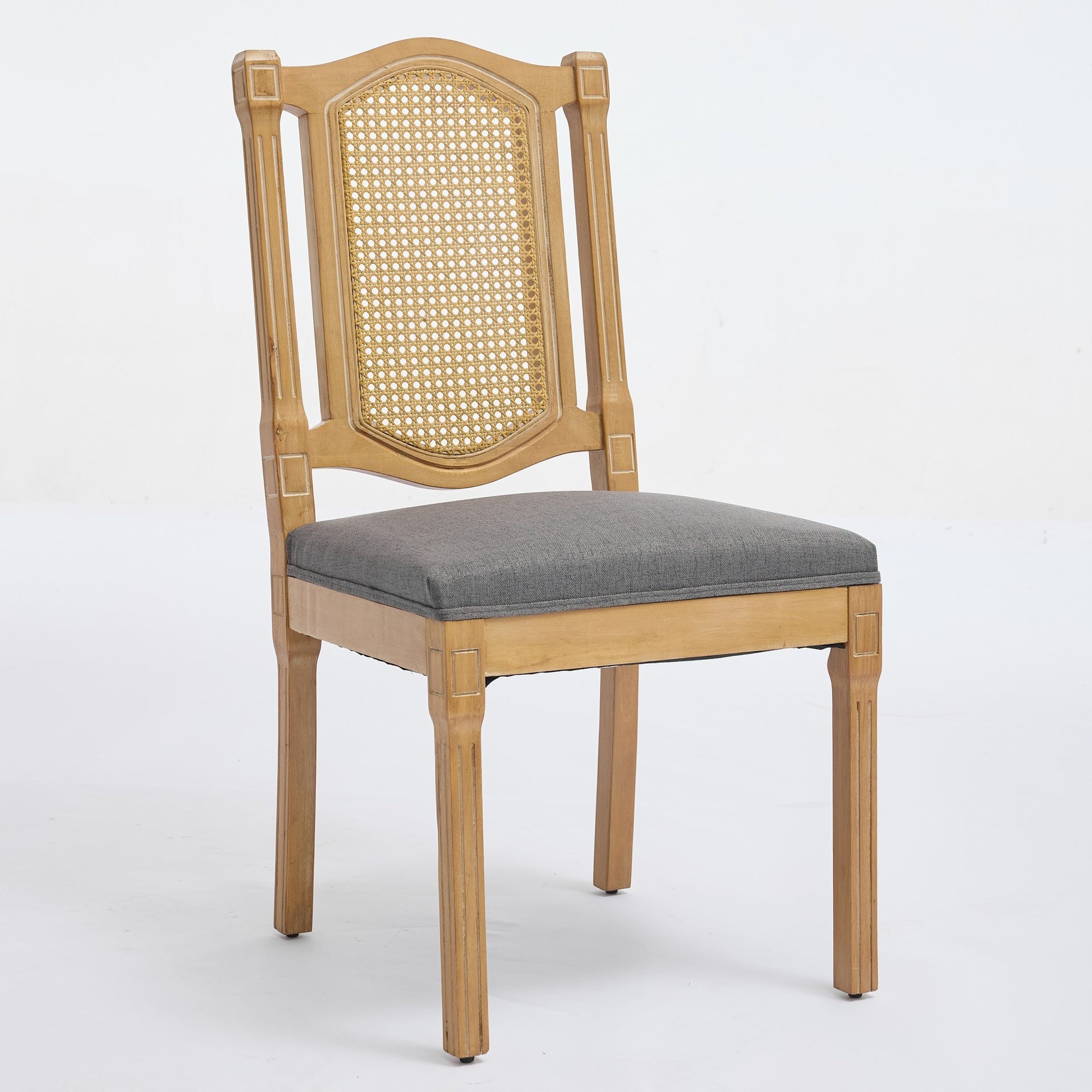 Solid Wood Rattan-Back Dining Chair, Matte Linen Cushion with High-Resilience Foam & S-Springs, Perfect for Rustic/Natural Style Dining Room, Café with Classic & Durable Design,Gray,Set of 2,SW1874GY