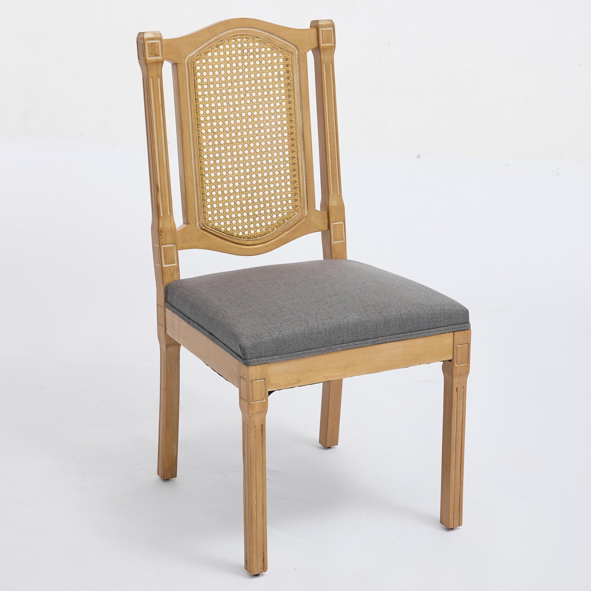 Solid Wood Rattan-Back Dining Chair, Matte Linen Cushion with High-Resilience Foam & S-Springs, Perfect for Rustic/Natural Style Dining Room, Café with Classic & Durable Design,Gray,Set of 2,SW1874GY