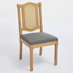 Solid Wood Rattan-Back Dining Chair, Matte Linen Cushion with High-Resilience Foam & S-Springs, Perfect for Rustic/Natural Style Dining Room, Café with Classic & Durable Design,Gray,Set of 2,SW1874GY
