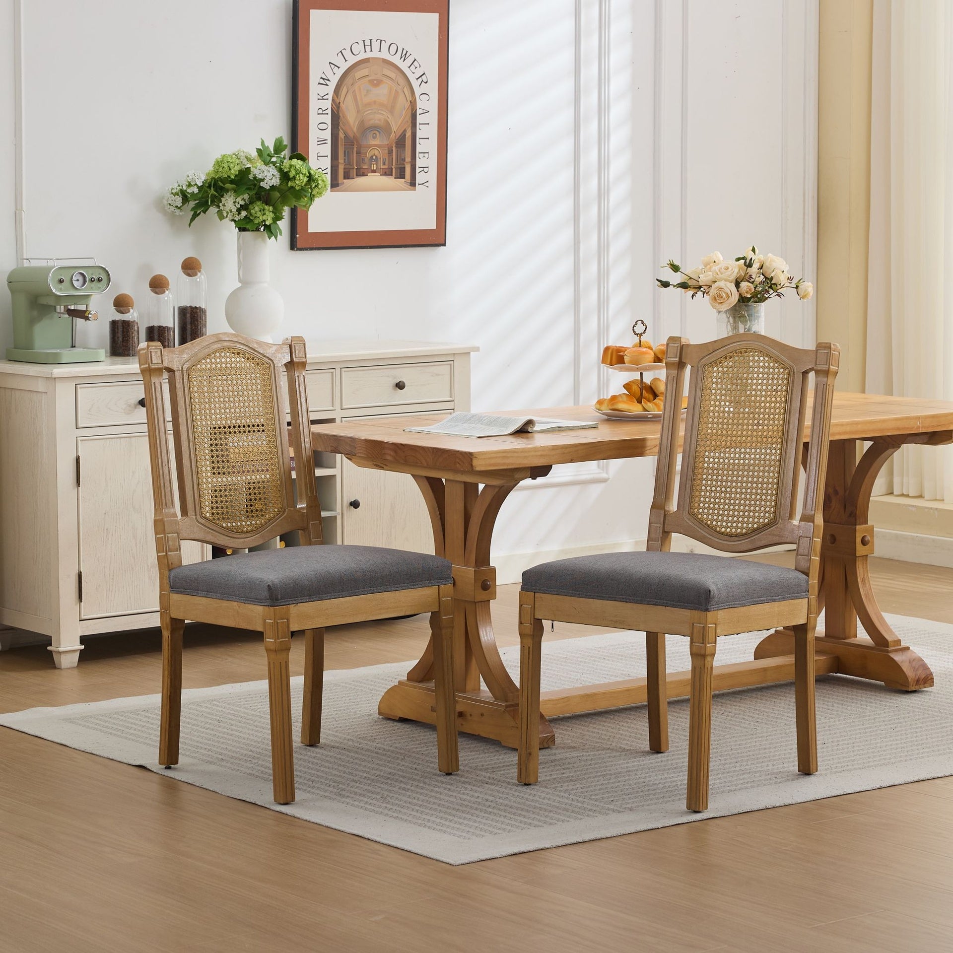 Solid Wood Rattan-Back Dining Chair, Matte Linen Cushion with High-Resilience Foam & S-Springs, Perfect for Rustic/Natural Style Dining Room, Café with Classic & Durable Design,Gray,Set of 2,SW1874GY