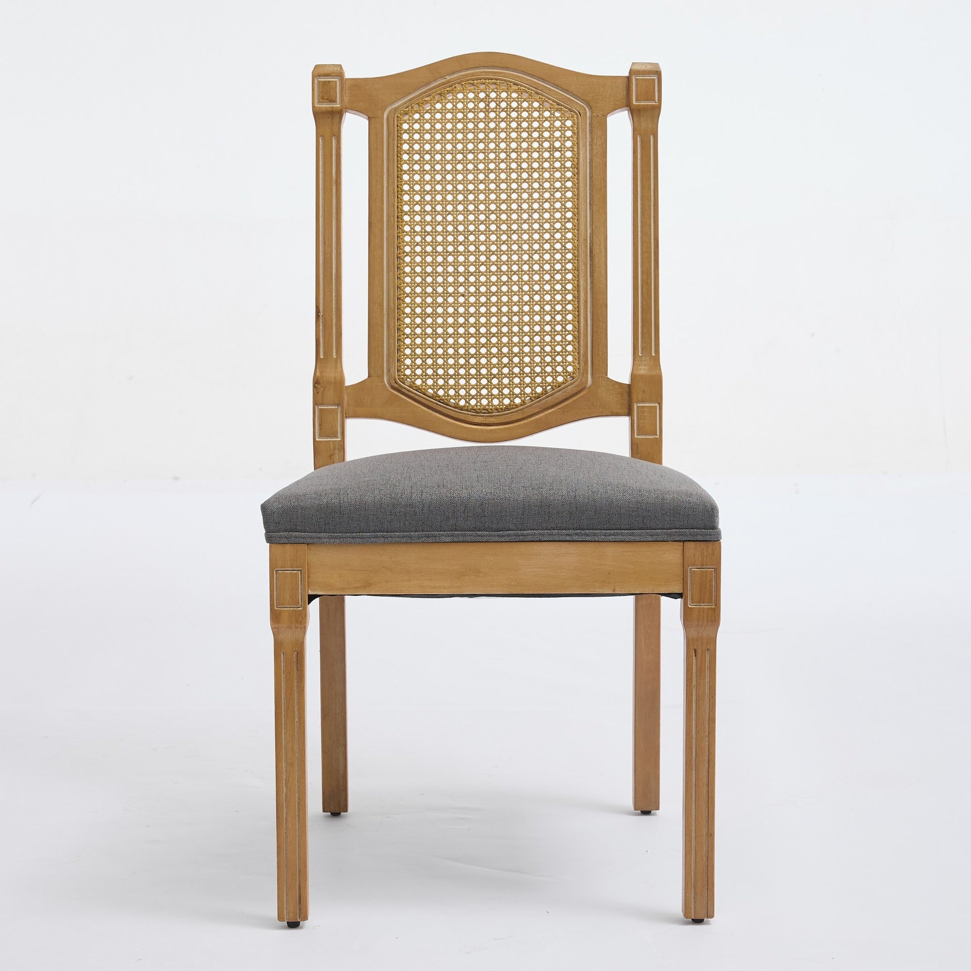 Solid Wood Rattan-Back Dining Chair, Matte Linen Cushion with High-Resilience Foam & S-Springs, Perfect for Rustic/Natural Style Dining Room, Café with Classic & Durable Design,Gray,Set of 2,SW1874GY