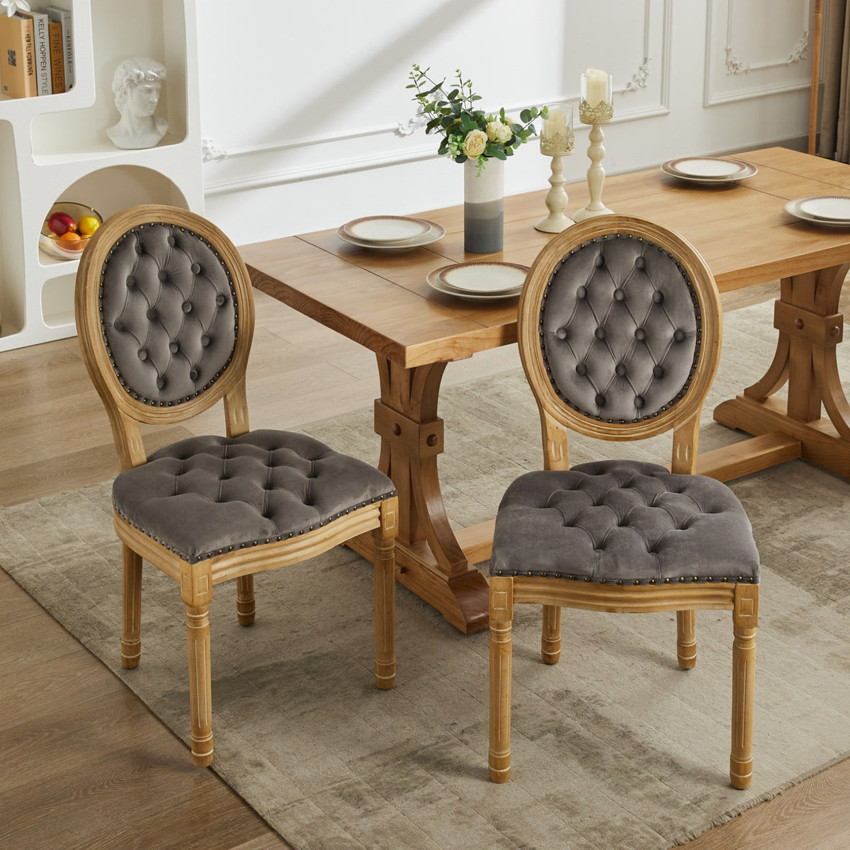 French Style Solid Wood Frame Antique Painting,Hand-pulled buckle decoration Velvet artificial leather Dining Chair with Nailhead Trim ,Wood Legs,Steel Spring inner,Set of 2,Gray,SW1739GY