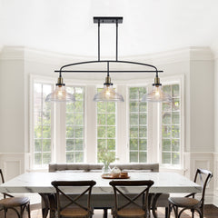 45" Industrial 3-Light Pendant Chandelier with Clear Glass Shades, Black Metal Frame, Adjustable Height, Modern Farmhouse Lighting for Kitchen Island, Dining Room, or Living Room (Bulb Not Included)