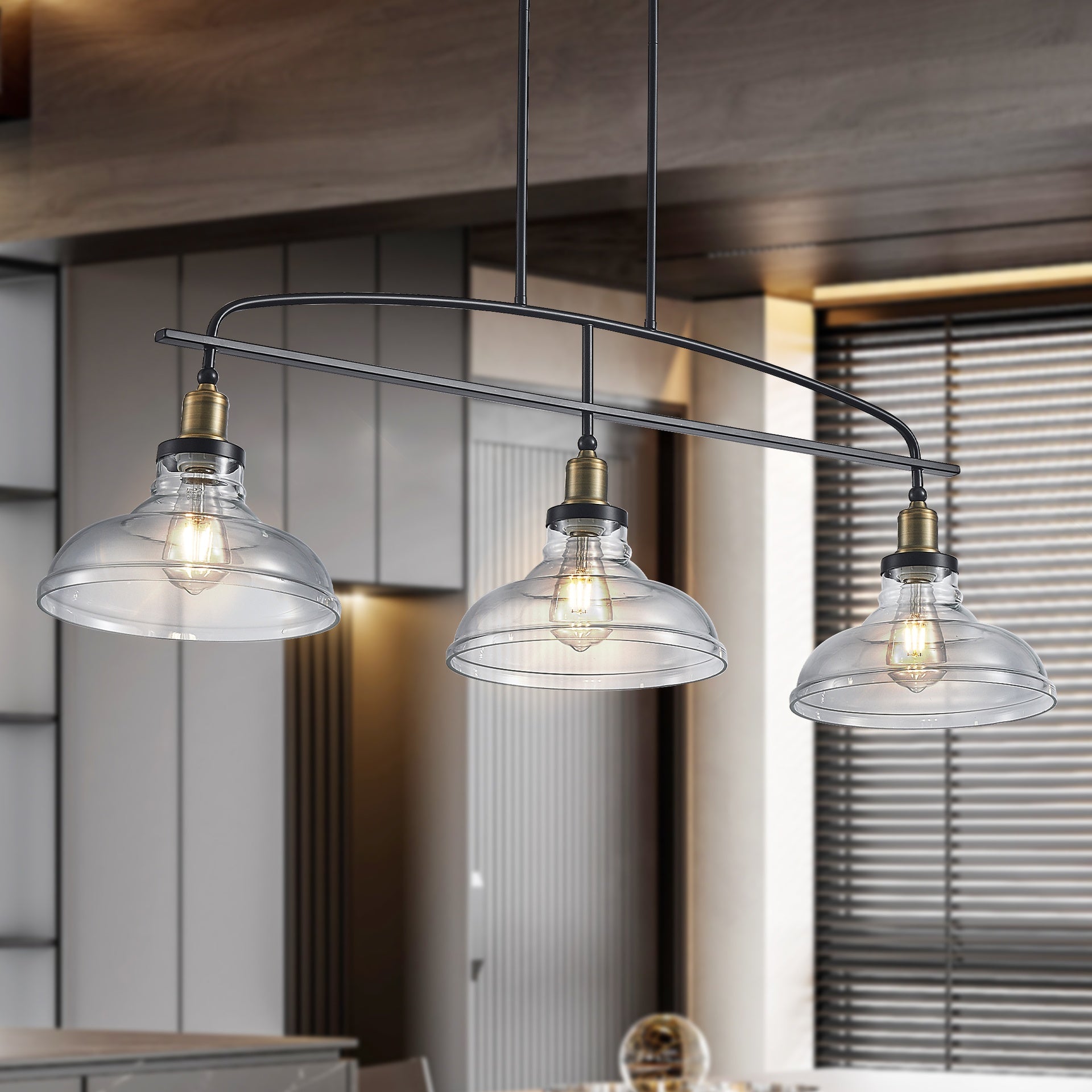 45" Industrial 3-Light Pendant Chandelier with Clear Glass Shades, Black Metal Frame, Adjustable Height, Modern Farmhouse Lighting for Kitchen Island, Dining Room, or Living Room (Bulb Not Included)