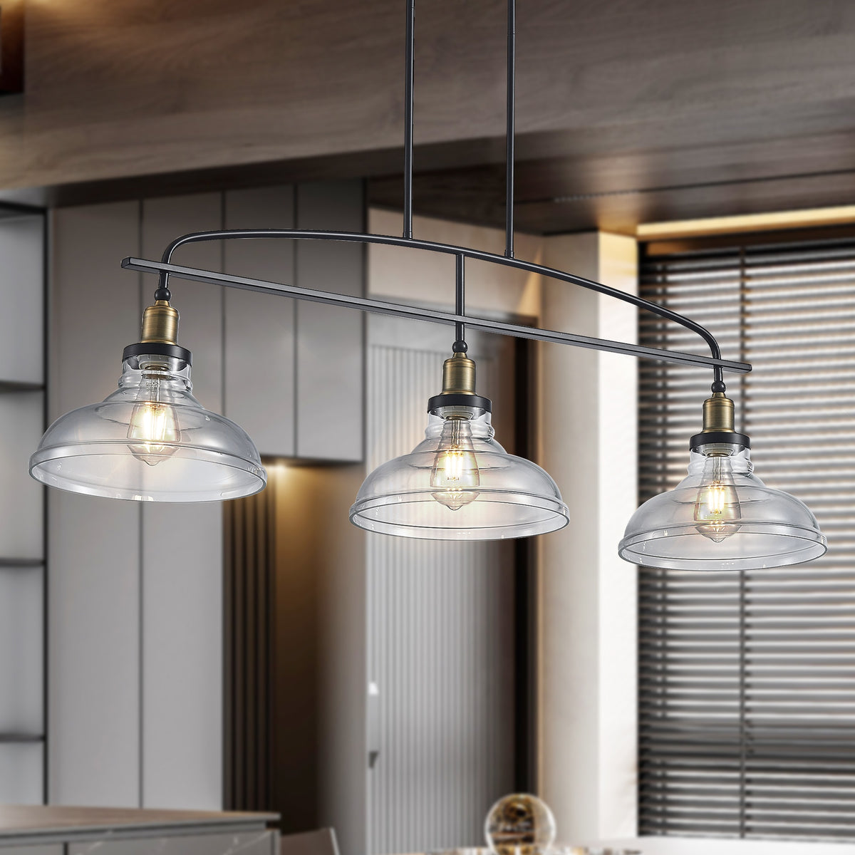 45" Industrial 3-Light Pendant Chandelier with Clear Glass Shades, Black Metal Frame, Adjustable Height, Modern Farmhouse Lighting for Kitchen Island, Dining Room, or Living Room (Bulb Not Included)