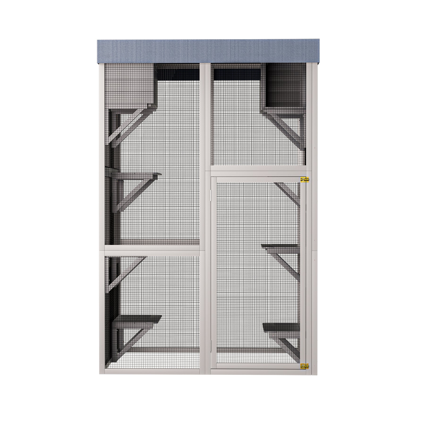 70.5＂ Tall Wooden Catio Outdoor Cat Enclosure, Gray Cat House Large Solid Wood Cage Playpen with 6 Jumping Platforms & 2 Napping Houses, Movable tarp cover