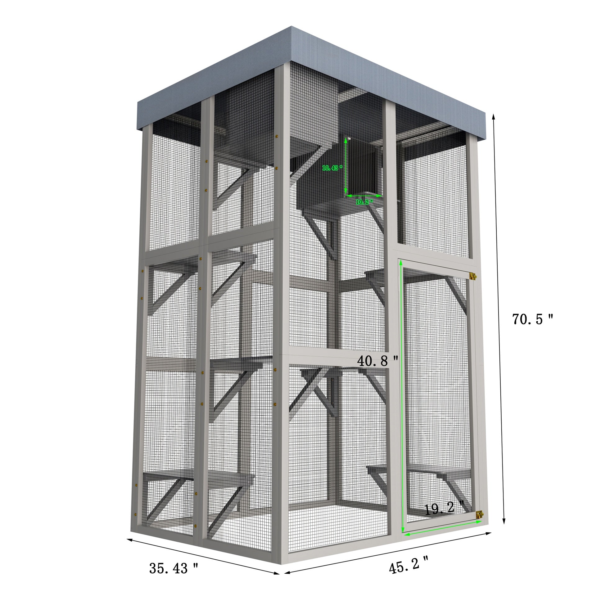 70.5＂ Tall Wooden Catio Outdoor Cat Enclosure, Gray Cat House Large Solid Wood Cage Playpen with 6 Jumping Platforms & 2 Napping Houses, Movable tarp cover