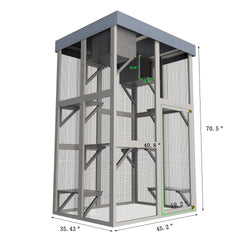 70.5＂ Tall Wooden Catio Outdoor Cat Enclosure, Gray Cat House Large Solid Wood Cage Playpen with 6 Jumping Platforms & 2 Napping Houses, Movable tarp cover